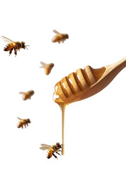 A wooden spoon drizzles golden honey while bees hover around. capturing the essence of natures sweetness in a soft-focus background that highlights the delicate interaction between bees and honey