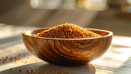 Mustard seeds in wooden bowl