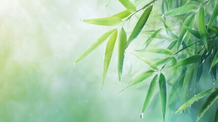 Delicate bamboo leaves glisten in gentle morning light after a refreshing rain shower in a serene natural setting Generative AI
