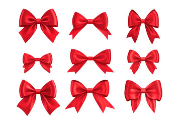 A collection of red bows arranged in a grid pattern. various styles and sizes. ideal for gift wrapping or decorative purposes during festive occasions