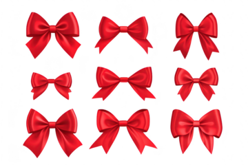 A collection of red bows arranged in a grid pattern. various styles and sizes. ideal for gift wrapping or decorative purposes during festive occasions