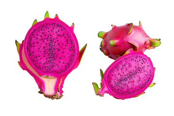 Vibrant pink dragon fruit halves and whole fruit displayed against a clean white background. the unique texture and color. ideal for culinary and health-related uses