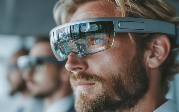 Man wearing glasses utilizing futuristic ar headsets for data analysis and innovative insights