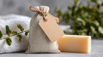 Linen bag, soap, and towel with foliage create a spa-like ambiance