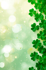 Festive background with green shamrock leaves for St. Patrick's Day, vertical banner, free space for text and copy.