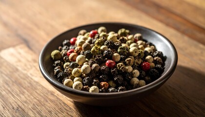 Pepper corns in a bowl on wooden table
