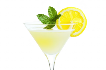 A refreshing lemon cocktail garnished with mint leaves and a lemon slice. served in a clear martini glass against a clean white background. perfect for summer gatherings or beverage promotions