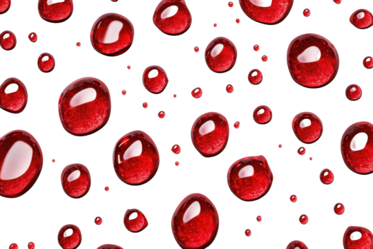 A close-up view of red droplets of liquid scattered across a clean white surface. creating an abstract pattern. ideal for backgrounds or design elements - Powered by Adobe