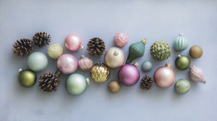 The flat layout showcases a series of brightly colored decorative Christmas ornaments, natural pine cones, and seasonal foliage, arranged against a soft background, leaving ample space for text.