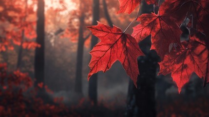 Bright red maple leaves glisten in the soft autumn sunlight filtering through a serene forest backdrop Generative AI