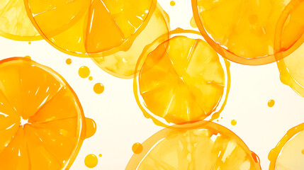オレンジのスライスと果汁の水滴の水彩イラスト背景