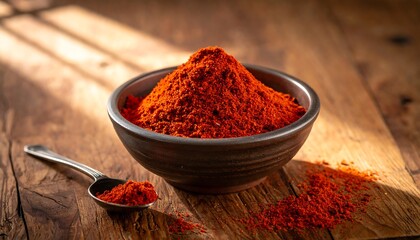 Paprika powder in bowl on wooden table