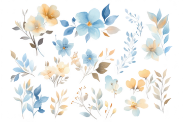 A collection of watercolor floral elements featuring blue. yellow. and beige flowers and leaves. ideal for use in digital designs. invitations. and home decor projects