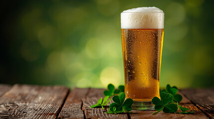 Festive background with a glass of beer on a rustic base and green shamrock leaves for St. Patrick's Day, vertical banner, free space for text and copy