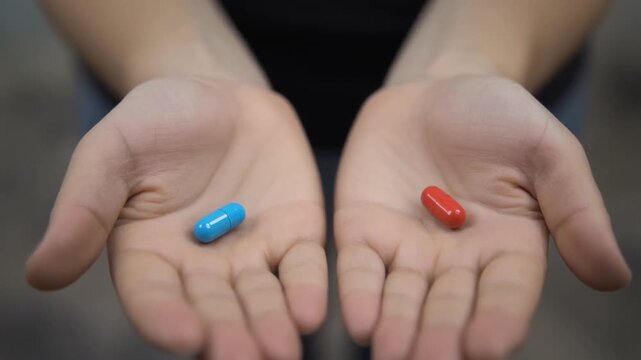 Hands presenting a choice between a blue pill and a red pill for decision making, medical treatment and conceptual ideas.