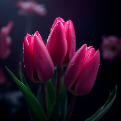 pink tulips in the garden, black square background for cards, flowers advertisment with summer or spring pattern, free space for text and copy