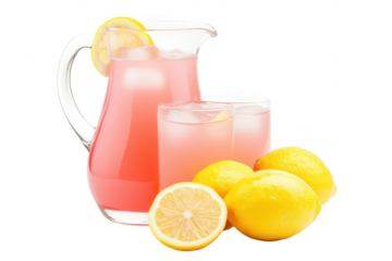 A refreshing pitcher of pink lemonade served in clear glasses. accompanied by fresh lemons. set against a bright white background. perfect for summer gatherings and beverage promotions