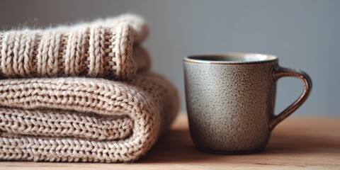 Cozy stack of warm knitted sweaters or blankets next to a ceramic coffee mug on a wooden table, evoking comfort