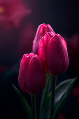 pink tulips in the garden, black vertical background for cards, flowers advertisment with summer or spring pattern, free space for text and copy