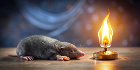 A tiny, sleeping rodent rests peacefully beside a softly glowing flame, creating a whimsical, nocturnal scene.