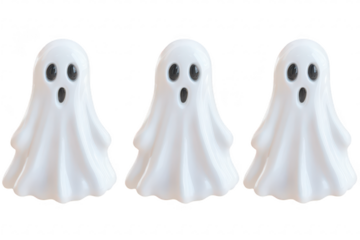 Three stylized ghost figures with expressive faces. set against a transparent background. ideal for Halloween-themed decorations or digital designs