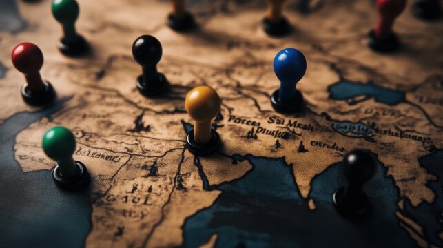A vintage map with colorful game pieces highlights a strategic board game in progress, featuring country and region outlines. - Powered by Adobe