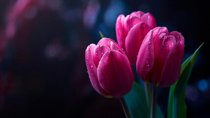 pink tulips in the garden, black horizontal background for cards, flowers advertisment with summer or spring pattern, free space for text and copy