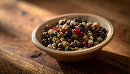 Pepper corns variety in a rustic bowl