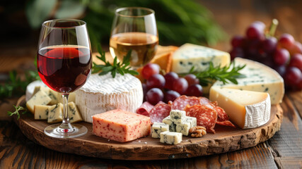 Wine and cheese board with charcuterie and grapes