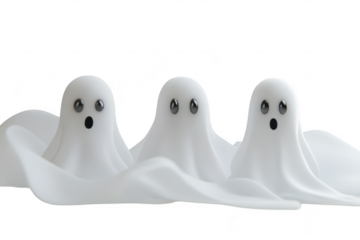 Three playful ghost figures made of soft white material with wide eyes and open mouths. set against a minimalist background. creating a whimsical atmosphere perfect for Halloween-themed decorations