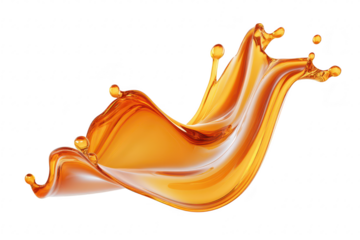 A splash of orange liquid gracefully arcs through the air. creating dynamic motion against a clean white background. ideal for use in food or beverage marketing materials