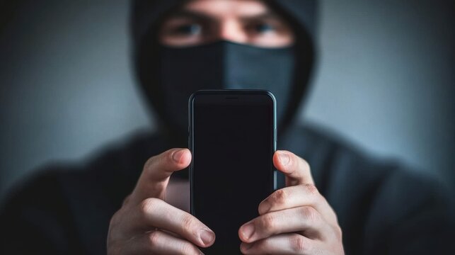 A masked figure gazes intently at a smartphone against a dark, blurred background, adding to the air of mystery. - Powered by Adobe