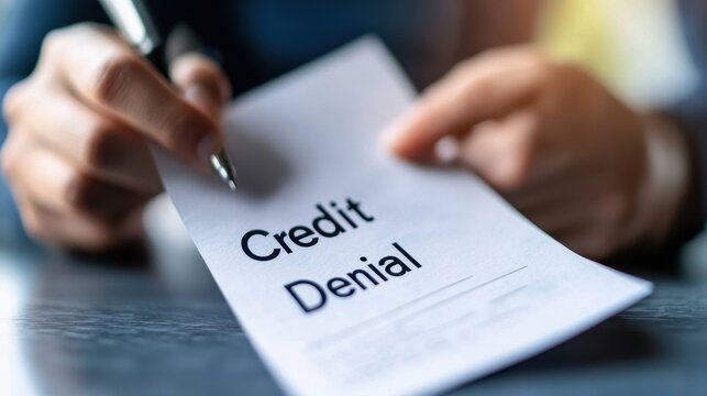 A person reviews or signs a "Credit Denial" document against a softly blurred background.
