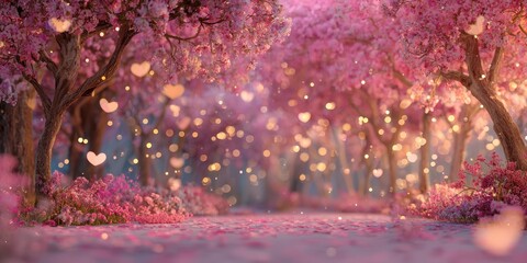 Enchanting cherry blossom forest with glowing heart bokeh lights creating a magical and romantic dreamy atmosphere