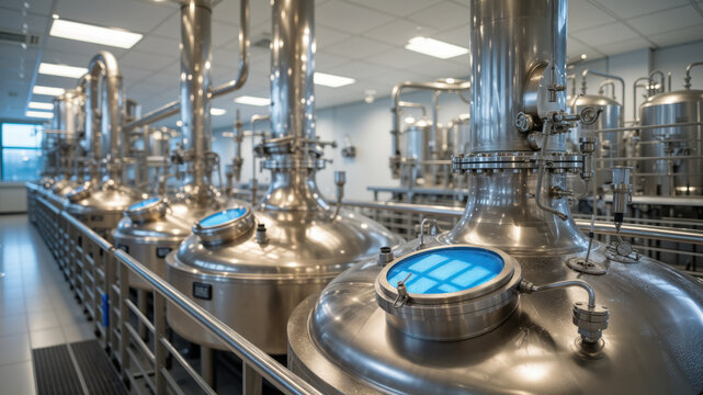 Industrial distillery production line with stainless steel tanks - Powered by Adobe