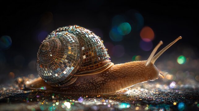 Snail disco ball shell glitter sparkle shiny iridescent animal closeup fantasy creative concept joyful magical vibrant macro nature surreal unique colorful reflective whimsical party festive