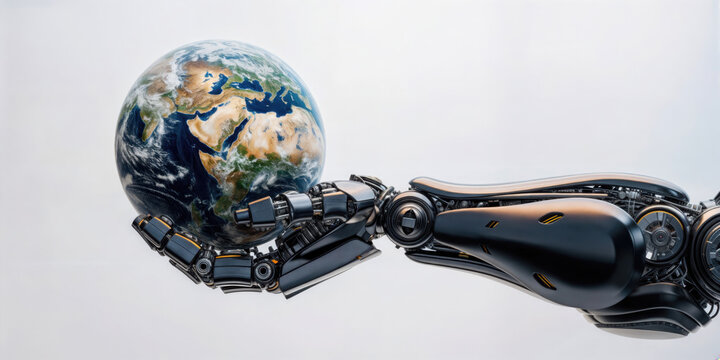 Robot hand holding globe symbolizing global technology control