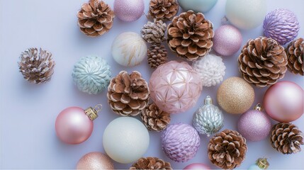 The flat layout showcases a series of brightly colored decorative Christmas ornaments, natural pine cones, and seasonal foliage, arranged against a soft background, leaving ample space for text.