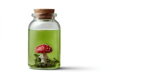 Enchanted red mushroom in glass jar with green forest elixir and cork topper