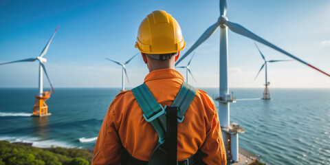 Engineer worker looking at offshore wind farm turbines