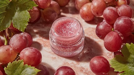 Lip gloss in glass jar amid red grapes on marble surface in soft sunlight