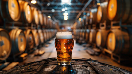 Glass of beer on barrel in brewery cellar