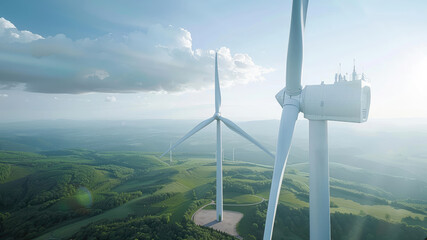 Wind turbines generating clean energy on green landscape