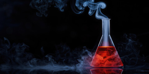 Chemistry experiment with red liquid smoking from flask