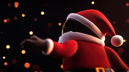 A festive figure in a red and white outfit, reminiscent of Santa, gestures with one hand against a backdrop of glowing, warm-colored lights.