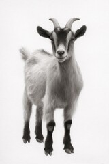 Fototapeta premium Black and white portrait of a goat with curved horns and textured fur