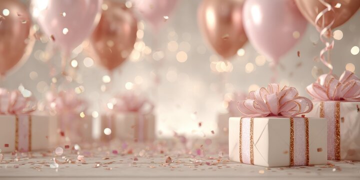 Elegant celebration background with pink and rose gold balloons, gift boxes, falling confetti, and sparkling bokeh