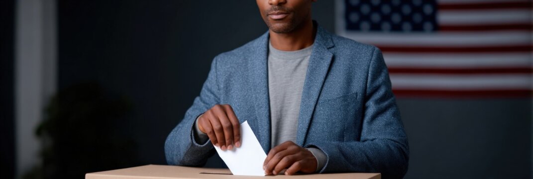 African male adult casting vote in election with american flag in background