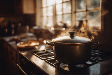 Steaming pot on stove in cozy kitchen with natural window light, warm atmosphere, home cooking, inviting and peaceful mood
