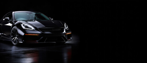 Black sports car standing on wet reflecting floor